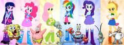 Size: 1280x465 | Tagged: safe, artist:smbros, imported from derpibooru, applejack, fluttershy, pinkie pie, rainbow dash, rarity, twilight sparkle, human, equestria girls, crossover, humane five, humane six, mr. krabs, patrick star, plankton, sandy cheeks, spongebob squarepants, spongebob squarepants (character), squidward tentacles