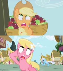 Size: 500x562 | Tagged: safe, edit, edited screencap, editor:professorventurer, imported from derpibooru, screencap, applejack, lily, lily valley, earth pony, pony, applebuck season, season 1, comparison, faic, faint, female, flower, flower in hair, mare, silly, silly pony, who's a silly pony