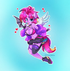 Size: 2337x2380 | Tagged: safe, artist:tomi_ouo, imported from derpibooru, oc, oc only, oc:techy twinkle, alicorn, anthro, unicorn, bat wings, belly button, big breasts, breasts, candy, cleavage, clothes, female, fingerless gloves, food, gloves, heart, heart eyes, horn, lollipop, midriff, shoes, skirt, socks, solo, wingding eyes, wings