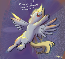 Size: 2104x1909 | Tagged: safe, artist:alumx, imported from derpibooru, derpy hooves, pegasus, pony, dialogue, earth wind & fire, female, mare, music notes, open mouth, open smile, september, singing, smiling, solo, song reference, spread wings, wings