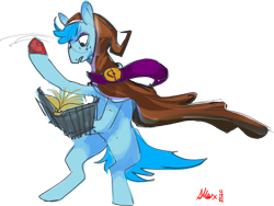 Size: 2362x1778 | Tagged: safe, artist:alumx, imported from derpibooru, oc, oc only, earth pony, pony, bipedal, book, cloak, clothes, signature, simple background, solo, sweat, transparent background, underhoof