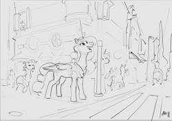 Size: 2313x1629 | Tagged: safe, artist:alumx, imported from derpibooru, princess celestia, alicorn, pony, black and white, city, crosswalk, crowd, female, grayscale, looking up, mare, monochrome, open mouth, open smile, sketch, smiling, street