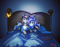 Size: 1629x1285 | Tagged: safe, artist:alumx, imported from derpibooru, oc, oc only, pegasus, pony, bed, cigarette, crown, duo, duo male and female, female, in bed, jewelry, looking at you, male, mare, oc x oc, regalia, shipping, signature, smoking, stallion