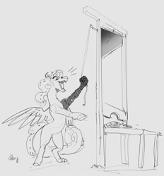 Size: 2680x2883 | Tagged: safe, artist:alumx, imported from derpibooru, oc, oc only, draconequus, bipedal, black and white, candy, draconequus oc, food, grayscale, guillotine, misleading thumbnail, monochrome, sketch, solo