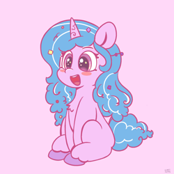 Size: 2048x2048 | Tagged: safe, artist:limitmj, imported from derpibooru, izzy moonbow, pony, unicorn, blush sticker, blushing, cute, female, g5, high res, izzybetes, mare, open mouth, open smile, pink background, simple background, sitting, smiling, solo, starry eyes, wingding eyes