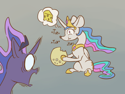 Size: 1024x768 | Tagged: safe, artist:exedrus, derpibooru exclusive, imported from derpibooru, princess celestia, princess luna, alicorn, mouse, pony, :t, cheese, chewing, eating, edible heavenly object, female, food, gray background, jewelry, mare, moon, mousified, regalia, shocked, shocked expression, simple background, sitting, species swap, tangible heavenly object, thought bubble, wide eyes