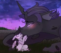 Size: 3500x3000 | Tagged: safe, artist:brainiac, imported from derpibooru, oc, oc:facsimile, oc:nightingale, changeling, pegasus, birthday gift, blushing, changeling oc, giant changeling, grass, grass field, hypno eyes, hypnosis, hypnotized, kissing, macro, male, smooch, stallion, stars