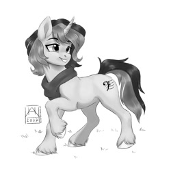 Size: 1024x1024 | Tagged: safe, artist:bluefeathercat, imported from derpibooru, oc, oc only, pony, unicorn, clothes, curved horn, female, horn, mare, monochrome, scarf, simple background, solo, unshorn fetlocks, white background