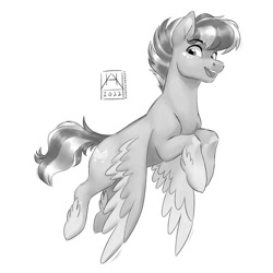 Size: 1024x1024 | Tagged: safe, artist:bluefeathercat, imported from derpibooru, oc, oc only, pegasus, pony, flying, freckles, male, monochrome, open mouth, simple background, solo, spread wings, stallion, white background, wings