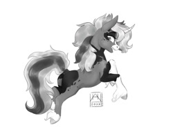 Size: 1024x806 | Tagged: safe, artist:bluefeathercat, imported from derpibooru, oc, oc only, pony, unicorn, blaze (coat marking), curved horn, female, horn, mare, monochrome, simple background, solo, tail wrap, white background