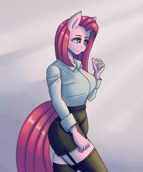 Size: 1500x1800 | Tagged: safe, artist:zachc, imported from derpibooru, pinkie pie, anthro, earth pony, clothes, garter straps, pinkamena diane pie, skirt, solo, stockings, thigh highs