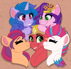 Size: 2048x1967 | Tagged: safe, artist:missbramblemele, imported from derpibooru, izzy moonbow, pipp petals, sprout cloverleaf, sunny starscout, zipp storm, earth pony, pegasus, pony, unicorn, best friends, blushing, brown background, bust, cheek kiss, colored wings, crown, cute, eye clipping through hair, eyebrows, eyebrows visible through hair, eyes closed, female, folded wings, g5, graveyard of comments, grin, group, izzysprout, jewelry, kiss sandwich, kissing, male, mare, multicolored wings, my little pony: a new generation, petting, pippsprout, quintet, regalia, shipping, siblings, simple background, sisters, smiling, sprout gets all the mares, sproutbetes, sproutlove, stallion, straight, sunnysprout, wings, zippsprout