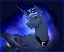 Size: 1280x1044 | Tagged: safe, artist:copshop, imported from derpibooru, princess luna, alicorn, pony, crown, eyebrows, eyebrows visible through hair, folded wings, frown, jewelry, male, prince artemis, regalia, rule 63, solo, stallion, wings