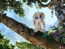 Size: 2048x1536 | Tagged: safe, imported from derpibooru, oc, pony, unicorn, ai content, ai generated, generator:purplesmart.ai, generator:stable diffusion, nature, sky, solo, tree, white coat, yellow mane