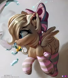 Size: 1792x2048 | Tagged: safe, artist:xeto_de, imported from derpibooru, oc, oc:wingblossom, pegasus, pony, ai content, ai generated, bow, clothes, cute, generator:purplesmart.ai, generator:stable diffusion, socks, solo, striped socks