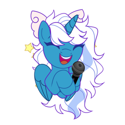 Size: 894x894 | Tagged: safe, artist:spotenyx, imported from derpibooru, oc, oc:fleurbelle, alicorn, pony, alicorn oc, bow, eyes closed, female, hair bow, hair over one eye, horn, mare, microphone, simple background, singing, solo, stars, transparent background, wings