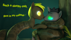 Size: 3840x2160 | Tagged: safe, artist:halbun, imported from derpibooru, oc, oc only, oc:dark horse, oc:mesme rize, hybrid, lamia, original species, snake, 3d, boop, coiling, coils, cute, duo, hypno eyes, hypnosis, kaa eyes, male, noseboop, sleepy, squeeze, stallion, tail, text