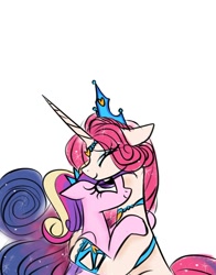 Size: 1074x1368 | Tagged: safe, artist:petaltwinkle, imported from derpibooru, princess amore, princess cadance, alicorn, unicorn, distan relatives, hug, sibling love, siblings, simple background, teen princess cadance, white background, young, young cadance, younger