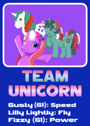 Size: 246x344 | Tagged: safe, editor:4-chap, imported from derpibooru, fizzy, gusty, lily lightly, pony, unicorn, crossover, female, g1, g3, horn, magic, mare, smiling, sonic heroes, sonic the hedgehog (series), team, text
