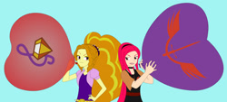 Size: 1280x579 | Tagged: safe, artist:hakdurbin, imported from derpibooru, adagio dazzle, oc, human, equestria girls, balloon, blowing up balloons, cutie mark, disguise, disguised siren, heart, heart balloon, inflating, simple background