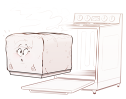 Size: 1883x1493 | Tagged: safe, artist:secretgoombaman12345, imported from derpibooru, derpy hooves, :o, baking, baking sheet, blushing, bread, food, food transformation, i just don't know what went wrong, monochrome, open mouth, oven, shape change, solo, steam, transformation, underhoof