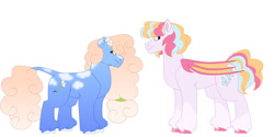 Size: 1280x640 | Tagged: safe, artist:itstechtock, imported from derpibooru, oc, oc only, oc:butterfly kisses, oc:yesterdaisy, bat pony, earth pony, pony, female, magical lesbian spawn, mare, offspring, parent:junebug, parent:minuette, parents:minubug, simple background, white background