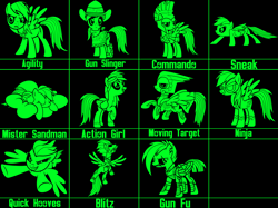 Size: 7965x5948 | Tagged: safe, artist:lillyleaf101, imported from derpibooru, commander hurricane, rainbow dash, zapp, pony, fallout equestria, absurd resolution, agility, alternate timeline, apocalypse dash, armor, clothes, cloud, costume, crystal war timeline, fallout, hat, monochrome, perk chart, power ponies, shadowbolts costume, solo, torn ear, uniform, wonderbolts uniform