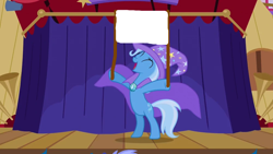 Size: 1000x563 | Tagged: safe, edit, edited screencap, imported from derpibooru, screencap, trixie, pony, unicorn, boast busters, spoiler:mlp, bipedal, cape, clothes, crystal, exploitable meme, g4, hat, hoof hold, meme, meme template, parody, scene, sign, stars, template, trixie's cape, trixie's hat, trixie's land sign meme