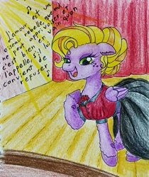 Size: 814x970 | Tagged: safe, artist:mintytreble, imported from derpibooru, oc, oc only, oc:minty treble, pegasus, pony, blonde, blonde hair, blonde mane, clothes, female, opera, singing, solo, theater, traditional art