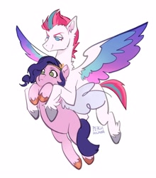 Size: 2508x2846 | Tagged: safe, artist:peachmichea, imported from derpibooru, pipp petals, zipp storm, pegasus, pony, carrying, colored wings, duo, duo female, eyebrows, female, flying, frown, g5, high res, lidded eyes, mare, multicolored wings, pipp is short, royal sisters (g5), siblings, signature, simple background, sisters, smiling, smirk, spread wings, white background, winged hooves, wings
