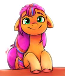 Size: 1898x2214 | Tagged: safe, artist:buttersprinkle, imported from derpibooru, sunny starscout, earth pony, pony, cute, female, floppy ears, g5, mare, multicolored hair, simple background, smiling, solo, sunnybetes, weapons-grade cute, white background