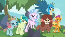 Size: 1249x702 | Tagged: safe, imported from derpibooru, screencap, gallus, ocellus, sandbar, silverstream, smolder, yona, changedling, changeling, classical hippogriff, dragon, earth pony, griffon, hippogriff, pony, yak, non-compete clause, bow, cloven hooves, colored hooves, gallus is not amused, hair bow, jewelry, monkey swings, necklace, sandbar is not amused, smolder is not amused, student six, unamused, yona is not amused