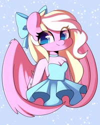 Size: 1638x2048 | Tagged: safe, artist:sakukitty, imported from derpibooru, oc, oc only, oc:bay breeze, anthro, pegasus, abstract background, bow, breasts, choker, cleavage, clothes, commission, cute, dress, eye clipping through hair, female, hair bow, looking at you, simple background, solo, wings, ych result
