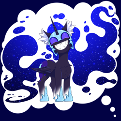 Size: 2500x2500 | Tagged: safe, artist:rurihal, imported from derpibooru, nightmare moon, alicorn, pony, cute, ear fluff, eyes closed, female, helmet, hoof shoes, mare, moonabetes, sharp teeth, smiling, solo, teeth