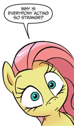 Size: 725x1226 | Tagged: safe, artist:jay fosgitt, idw, imported from derpibooru, fluttershy, pegasus, pony, friends forever, spoiler:comic, dialogue, female, mare, reaction image, simple background, solo, speech bubble, white background