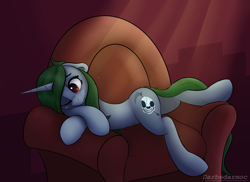 Size: 2816x2048 | Tagged: safe, artist:darbedarmoc, imported from derpibooru, oc, oc only, oc:minerva, pony, unicorn, armchair, chair, crying, female, horn, lies, mare, one eye closed, red eyes, sad, solo