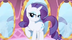 Size: 1280x720 | Tagged: safe, imported from derpibooru, screencap, rarity, pony, unicorn, bedroom eyes, butt, female, intro, looking at you, mare, mirror, plot, rearity, reflection, solo