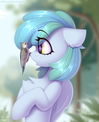 Size: 1359x1662 | Tagged: safe, artist:starlyfly, imported from derpibooru, oc, oc only, oc:siriusnavigator, bird, pegasus, pony, :o, bipedal, bird on nose, chest fluff, cute, eye clipping through hair, eyebrows, eyebrows visible through hair, female, looking at each other, looking at someone, mare, open mouth, side view, solo, starry eyes, wingding eyes, wings