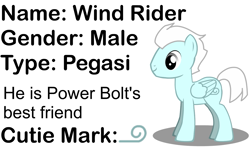 Size: 1761x1038 | Tagged: safe, artist:awesomebrony, imported from derpibooru, oc, oc only, oc:wind rider, pegasus, pony, pony creator, folded wings, hooves, male, pegasus oc, short tail, simple background, smiling, solo, stallion, standing, tail, text, white background, wings