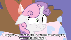 Size: 1279x719 | Tagged: safe, imported from derpibooru, screencap, sweetie belle, pony, unicorn, for whom the sweetie belle toils, bed, caption, ears back, female, filly, floppy ears, foal, image macro, impact font, implied button mash, meme, nose wrinkle, scared, solo, text