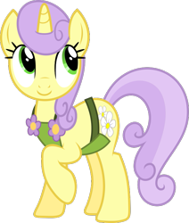 Size: 679x799 | Tagged: safe, artist:starryshineviolet, imported from derpibooru, sunshine petals, pony, unicorn, rarity takes manehattan, apron, clothes, female, flower, g4, looking up, mare, simple background, smiling, solo, transparent background, vector