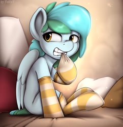 Size: 1983x2048 | Tagged: safe, artist:felixf, imported from derpibooru, oc, oc only, oc:siriusnavigator, pegasus, pony, clothes, female, hooves, mare, pillow, sitting, socks, solo, striped socks, wings