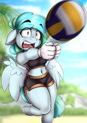 Size: 2480x3508 | Tagged: safe, artist:felixf, imported from derpibooru, oc, oc only, oc:siriusnavigator, anthro, pegasus, unguligrade anthro, clothes, eyebrows, eyebrows visible through hair, female, floppy ears, midriff, open mouth, shorts, solo, sports, tanktop, volleyball, wide eyes