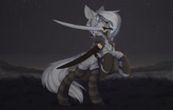 Size: 2560x1641 | Tagged: safe, artist:tttips!, imported from derpibooru, oc, oc only, oc:peach, zebra, ashes town, cape, clothes, dawn, female, gem, grass, jewelry, looking at you, mare, mouth hold, necklace, night, night sky, outdoors, rearing, saber, scabbard, shooting star, sky, smoke, socks, solo, stars, stockings, striped socks, sword, thigh highs, weapon, zebra oc