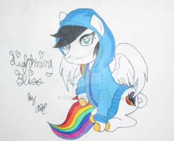 Size: 992x805 | Tagged: safe, artist:daceria, imported from derpibooru, oc, oc only, oc:lightning bliss, clothes, cute, deviantart watermark, hoodie, obtrusive watermark, ocbetes, signature, simple background, solo, text, traditional art, watermark, white background