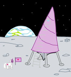 Size: 1104x1186 | Tagged: safe, artist:purblehoers, imported from derpibooru, twilight sparkle, pony, unicorn, big horn, earth, female, flag, horn, ladder, mare, moon, moon landing, ms paint, raised hoof, rocket, smiling, solo, space, spacesuit, unicorn twilight