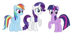 Size: 1193x573 | Tagged: safe, artist:benpictures1, artist:flizzick, imported from derpibooru, rainbow dash, rarity, twilight sparkle, pegasus, pony, unicorn, dragon quest, cute, dashabetes, female, inkscape, mare, raribetes, simple background, transparent background, trio, trio female, twiabetes, unicorn twilight, vector