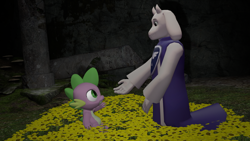 Size: 1920x1080 | Tagged: safe, artist:ponygamer2020, imported from derpibooru, spike, anthro, dragon, goat, 3d, clothes, crossover, dark, female, flower, golden flowers, looking at each other, looking at someone, male, smiling, source filmmaker, toriel, undertale