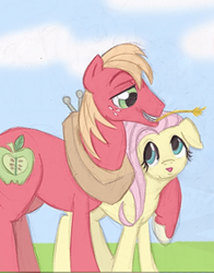 Size: 313x400 | Tagged: safe, artist:miiku-nya, edit, imported from derpibooru, big macintosh, fluttershy, earth pony, pegasus, pony, cropped, female, fluttermac, hoof on shoulder, looking at each other, looking at someone, male, mare, shipping, smiling, smiling at each other, stallion, straight, straw in mouth