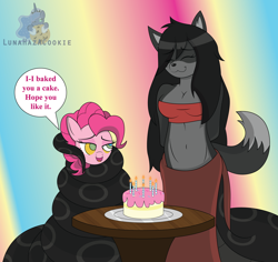Size: 3600x3400 | Tagged: safe, artist:lunahazacookie, imported from derpibooru, pinkie pie, anthro, earth pony, lamia, original species, pony, abstract background, anthro with ponies, birthday cake, cake, candle, coils, eyes closed, food, furry, hypno eyes, kaa eyes, talking